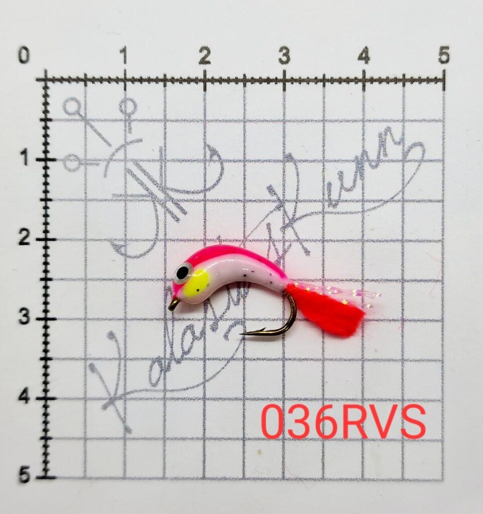 036RVS-Roosa selja ja valge kõhuga ja silmadega, UV, konks nr.8