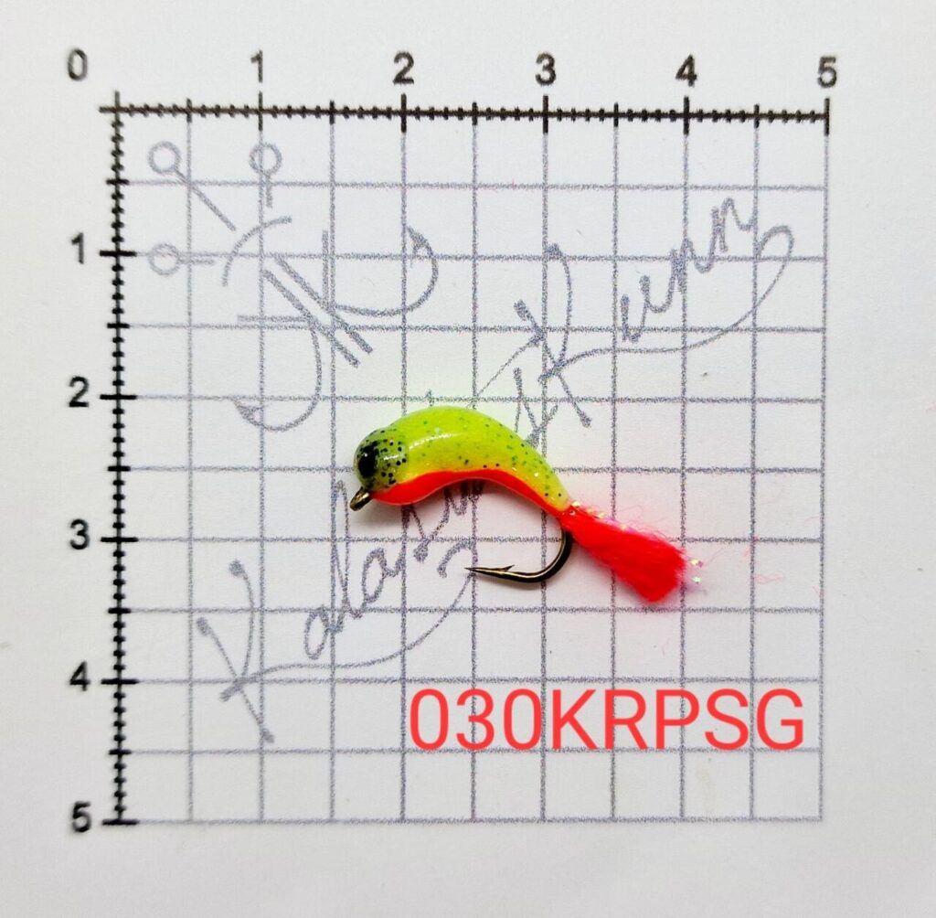 030KRPSG- Kollane rohelise säbruga, punase kõhuga, helendavad silmad. UV, konks nr.8