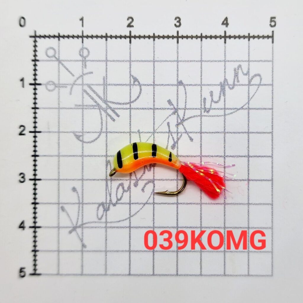 039KOMG-Kollane, oranzi kõhu ja mustade triipudega, pimedas helendav, UV, konks, nr.8
